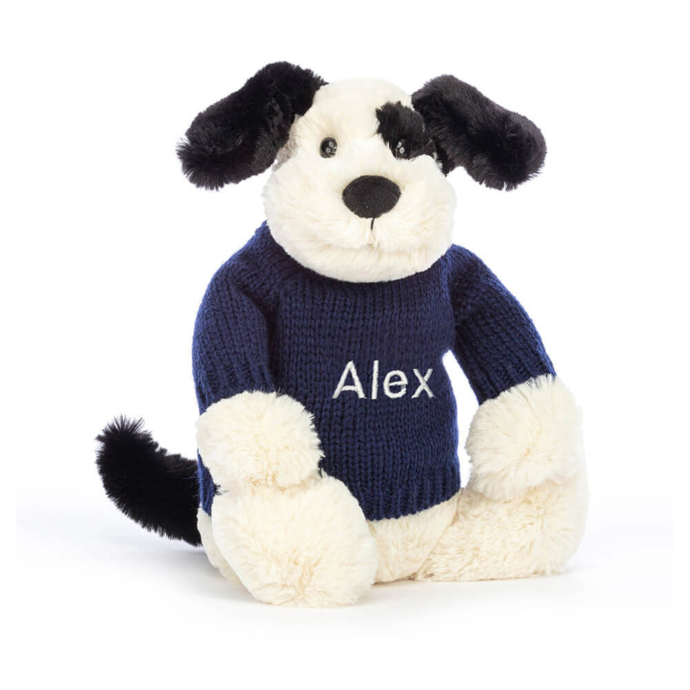 Bashful Black & Cream Puppy With Personalized Navy Jumper - US 6775